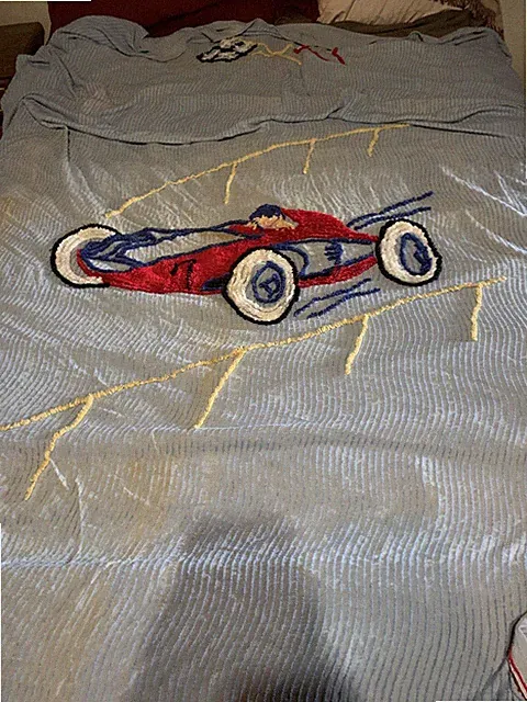 1940s blue chenele race car queen size bedspread