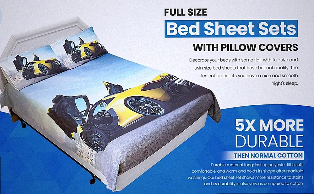 3D Printed Car Bedsheet Set Full Size Polyester Car Bedding Set 4 Pc