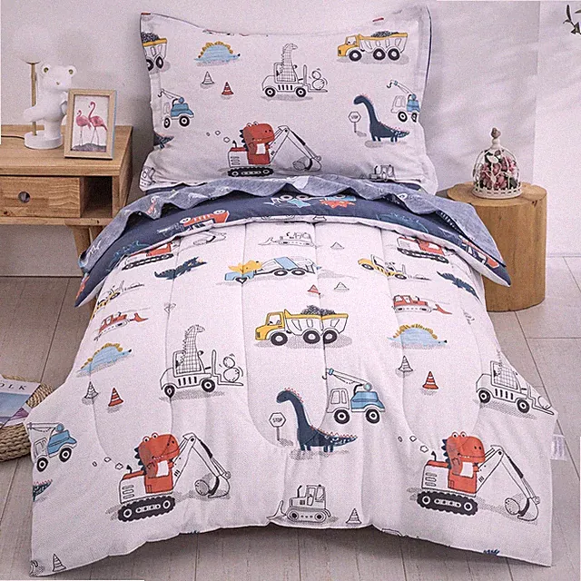 4 Pieces Cotton Bedding Set, Dinosaur Cars Reversible Bed Comforter Set for B...