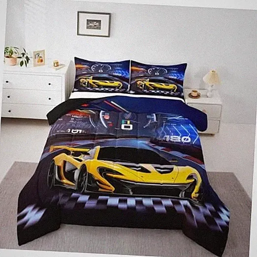 Blue Yellow Sports Bedding Set - Race Car Comforter Set for Kids Twin Multi 01