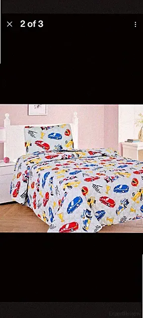 Fun Kids 2 Pc Twin Race Car Quilt Set NIP Grey Quilt w/ Red, Yellow, Blue Cars