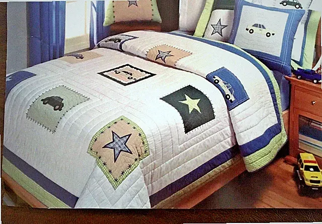 QUEEN QUILT + 2 SHAMS ~ CARS stars ~ greens blues COTTON Sageberry Creek NEW