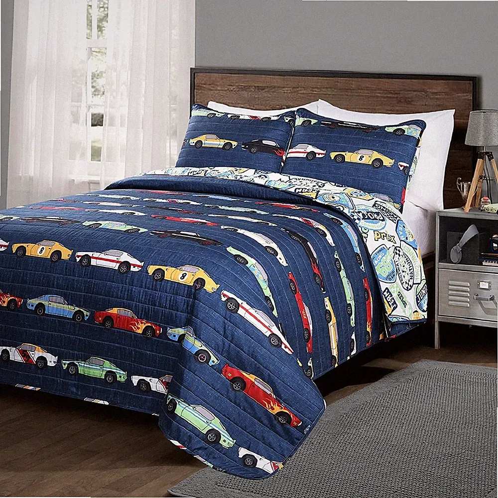 Quilt Set Queen Blue Red Yellow Car Reversible Pillow Sham Boy Girl Bedding