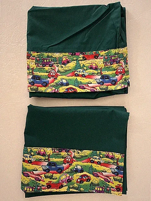 Set Of 2 Handmade Pillowcases Green With Cars Fits Queen Or King 19”x32”