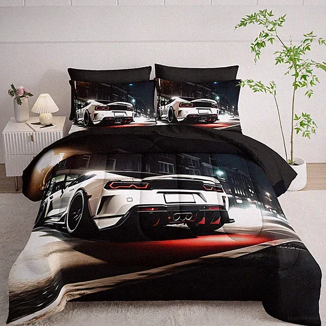 Sports Car Comforter Set Queen Size 7PCS, White Racing Car Bed Set Light White R