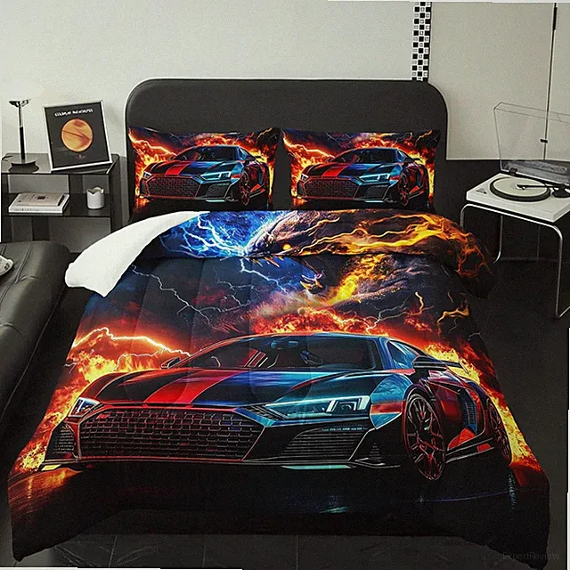 Xynhml Colorful Racing Car Black Cheetah Comforter 3Pcs Full Cool Speed Sport